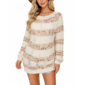 Y2K VTG Boho Crochet Knit Oversize White Ivory Floral Pink Green Longsleeve S/M